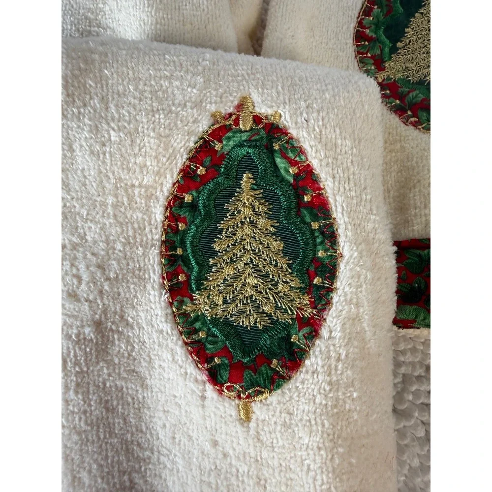 VTG Christmas Tree Embroidered Bath Hand Towel Set Cream Holly Border‎ 3pc